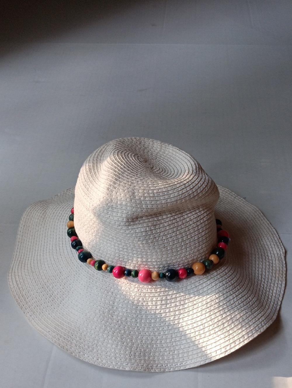 Women's Cream Straw Sun Hat with Multicolor Bead Trim